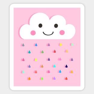 Rainbow Raindrops, Happy Rain Cloud, on Pink Sticker